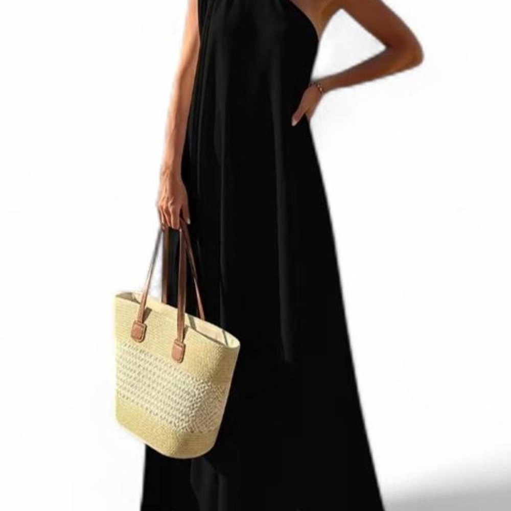 Uoozee Women Fashion Asymmetric Solid Black Color  One-Shoulder Maxi Dress